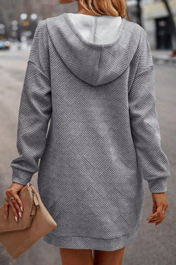 Grey Textured Drawstring Hooded Mini Dress with Kangaroo Pocket