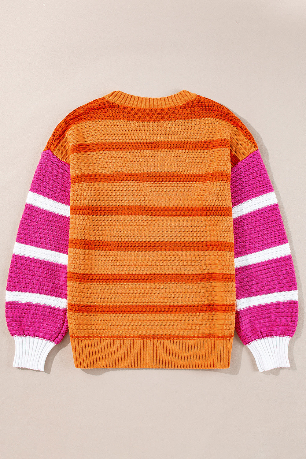 Loose sweater with orange stripes and color block, round neck, dropped shoulders