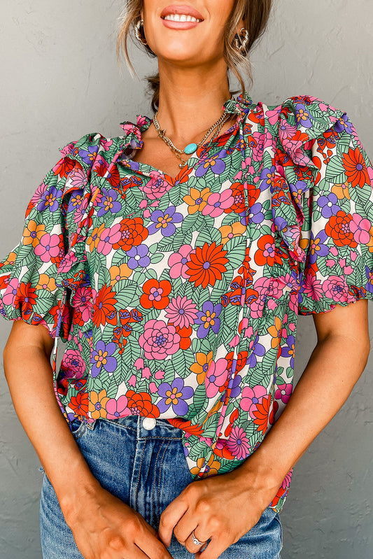 Blouse à manches bouffées à volants à cravate florale rouge