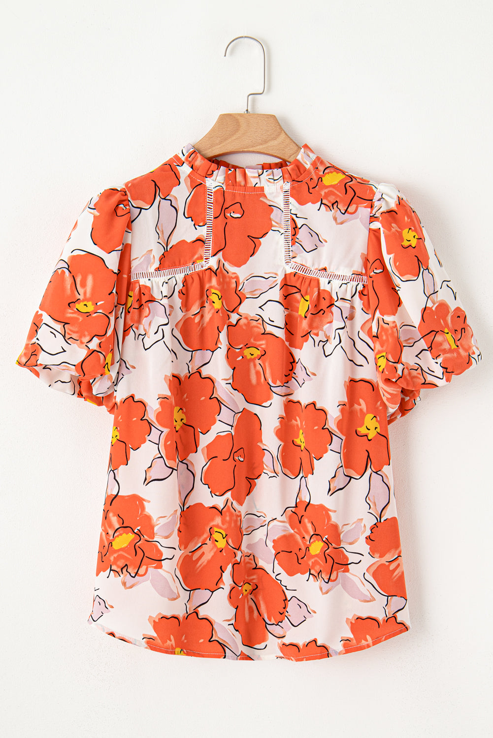 Naranja de la manga de la manga de la manga de burbujas floral blusa suelta