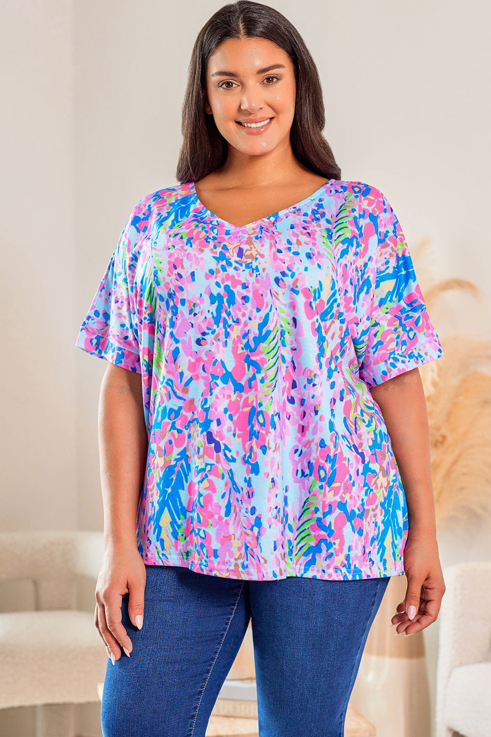 Sky Blue Plus Size Plant Stampa a v-shirt