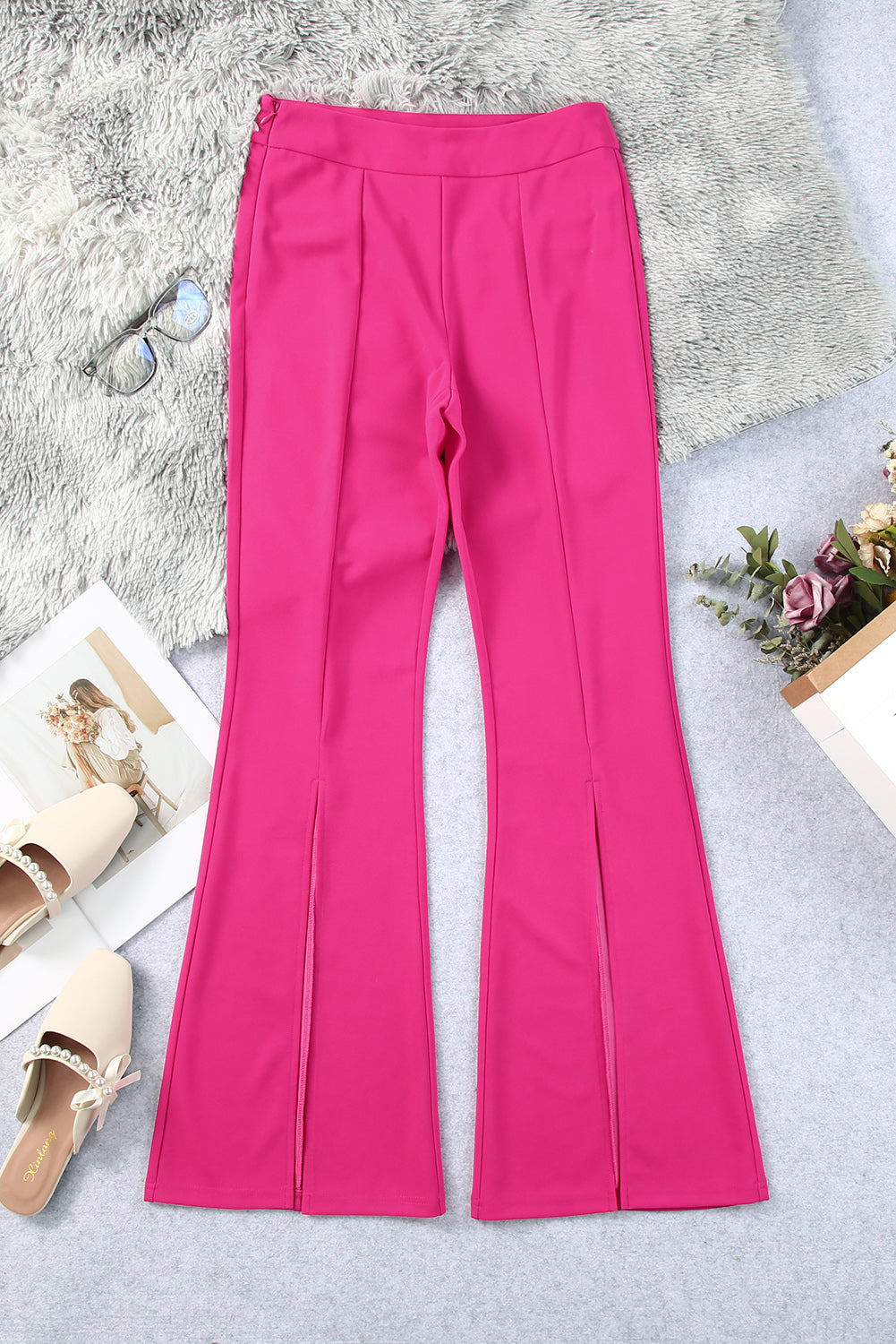 Pantalon à taille haute de l'ourlet divisé en rose