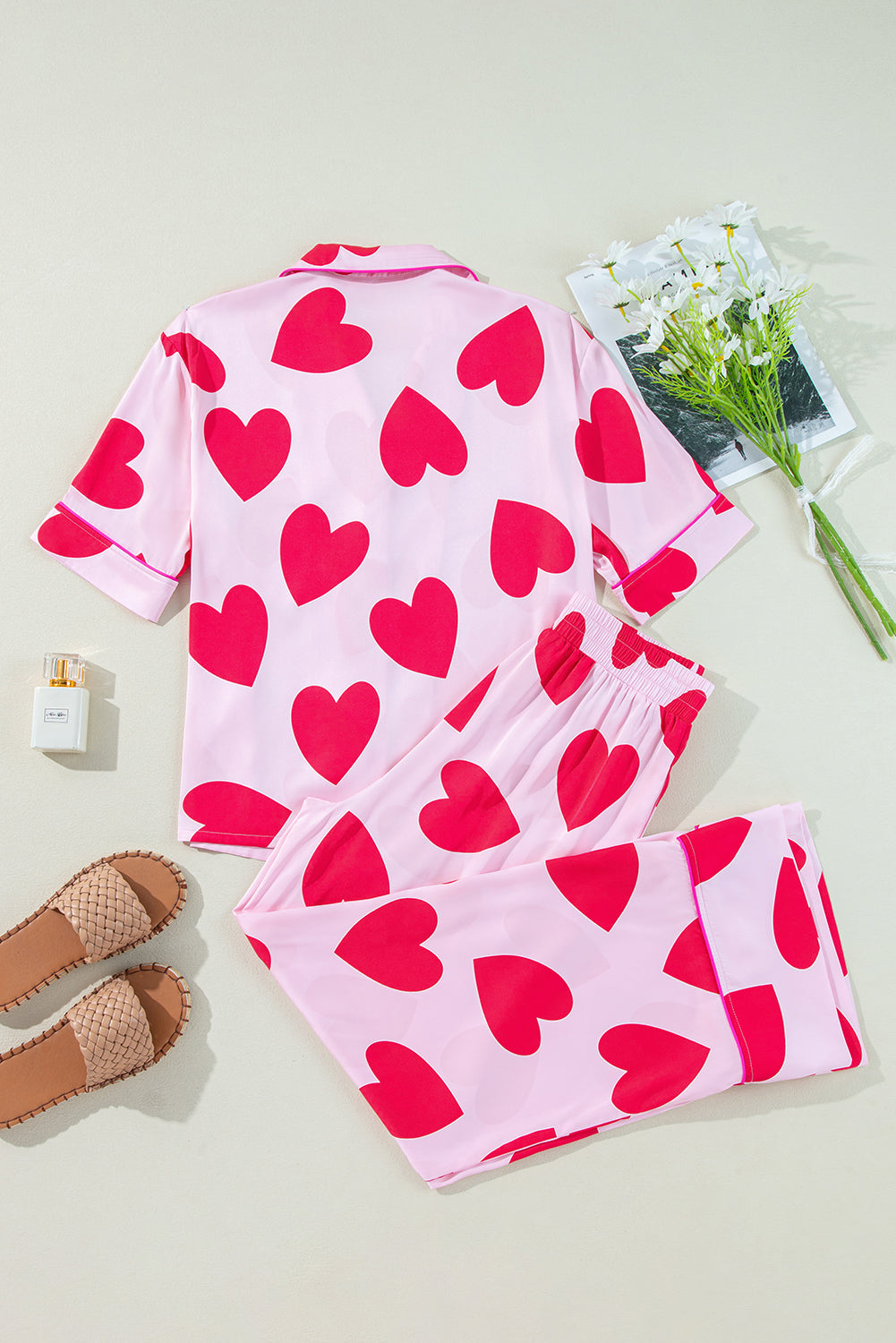 Ensemble pyjama pantalon à manches courtes rose coeur classique Saint-Valentin-A WOMAN WE LOVE
