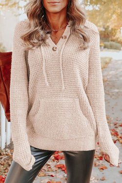 Apricot Waffle Knit Button Up Hooded Sweater with Pocket