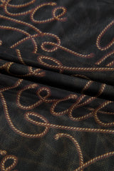 Black long sleeve mesh top with mock neck in Western Rodeo print