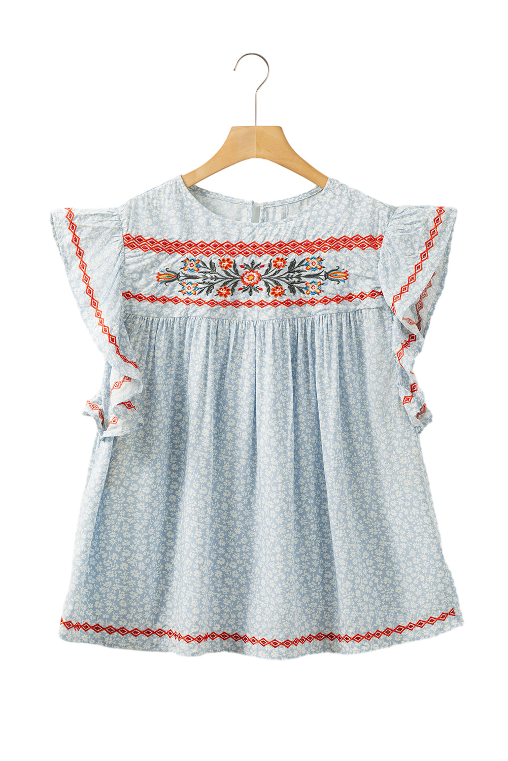 Sky Blue Boho bestickter Blumenbluse Flutterhülle