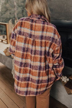 Veste Boutonnée à Col Imprimé à Carreaux Multicolore de Grande Taille