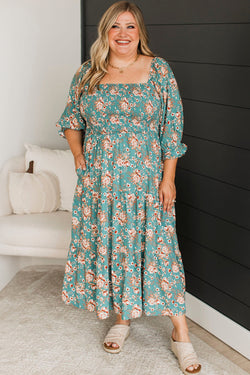 Smocked long dress with floral print and large green square collar