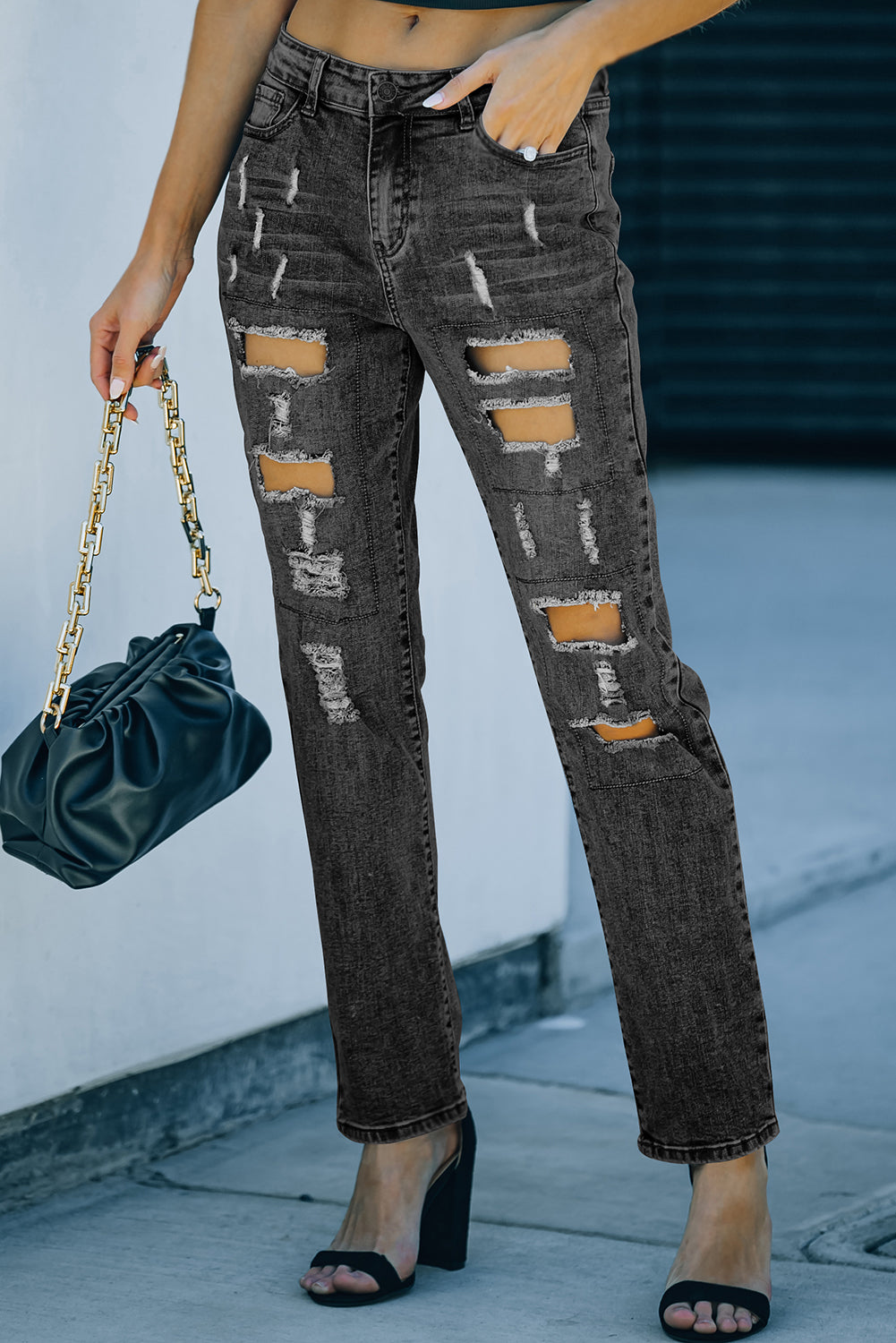 Jeans de efecto envejecido gris con bolsillos abotonados