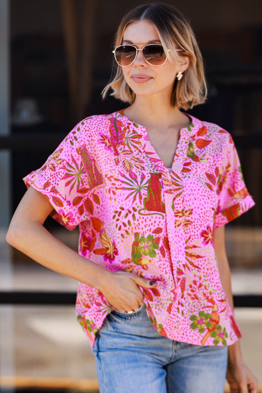 Rose Jungle Floral Stampa di tacca V Neck Blome