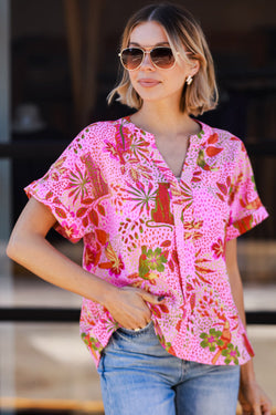 CROWT V -neck blouse with pink jungle floral print