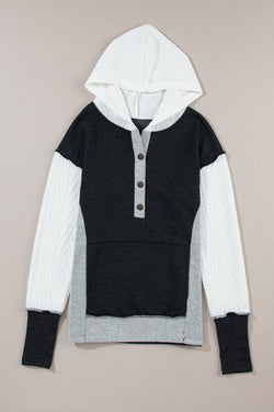 Black textured buttoned hoodie with kangaroo pocket color block