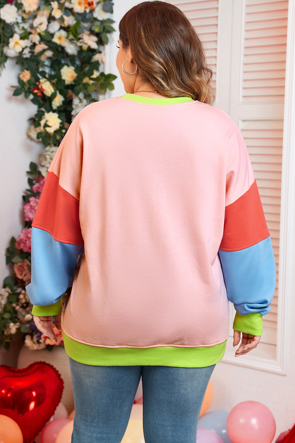 Sweat-shirt à col rond et patchwork color block rose clair de grande taille