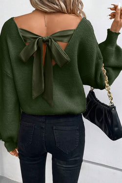 Jungle green sweater with lantern sleeves, V-neck, knot at the back