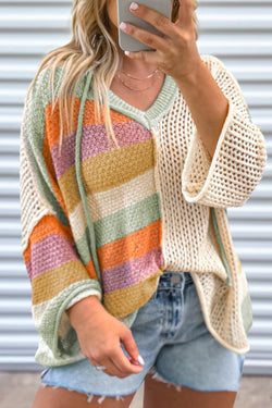 Beige Patchwork Color Block Pointelle Knit V-Neck Hoodie