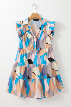 Sky blue geometric print ruffle collar short sleeve mini dress