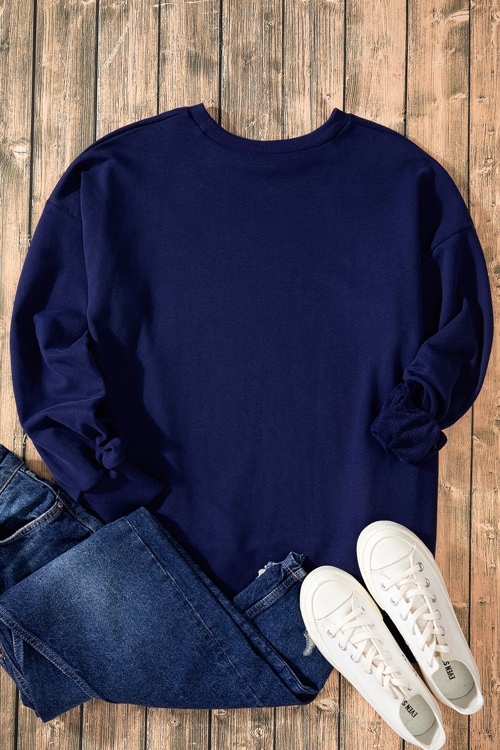 Marineblau fester O -Hals hoher niedriger Saumpullover Sweatshirt