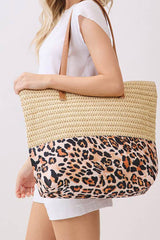 Grand sac cabas effet paille tressée à empiècement léopard