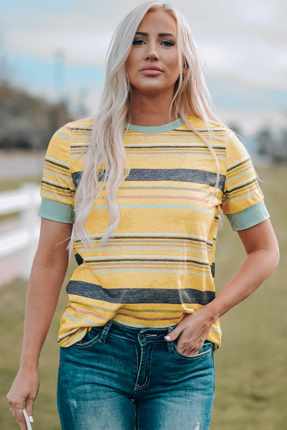 Multicolored round stripe round neck t-shirt