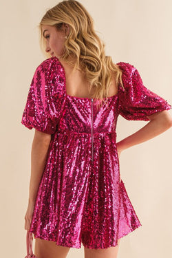 Pink Red Sequin Babydoll Romper with Short Puff Sleeves