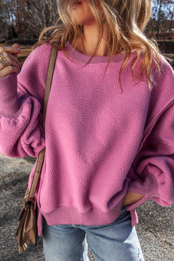 Hot Pink Oversized Drop Shoulder Sweatshirt with Sherpa Stitching