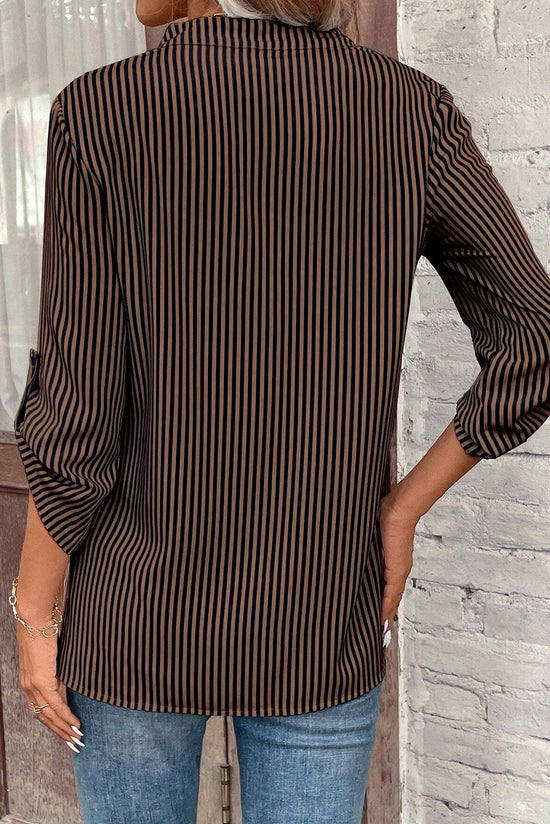 Classic brown stripe shirt, V -neck, rolled up sleeves, patched pocket