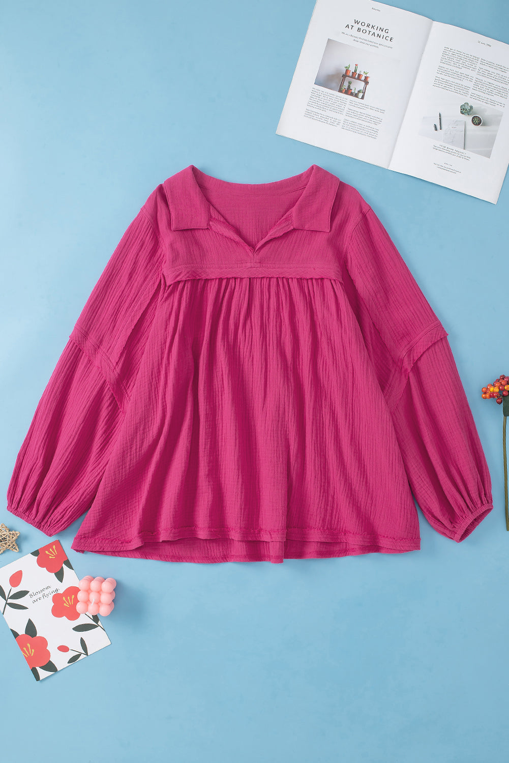 Rose Crinkle Carkared V-Ausschnitt Bubble Sleeve Fließende Bluse