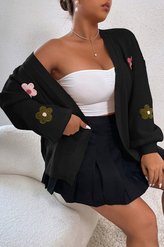 Cardigan manicotto a bolle di applique floreali nera