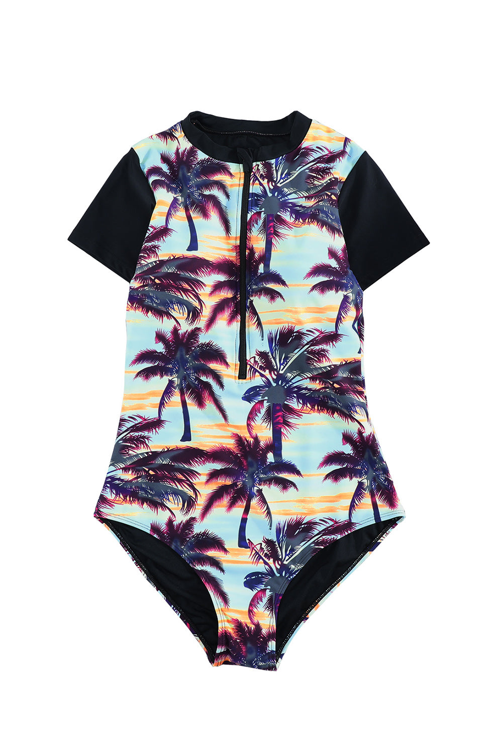 Beach Sunset Zip Front Half Sleeve One Piece Mains de maillot