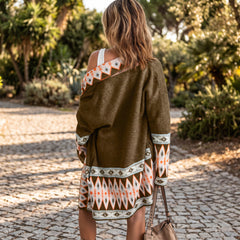Brown knitted cardigan with aztec print open on the front