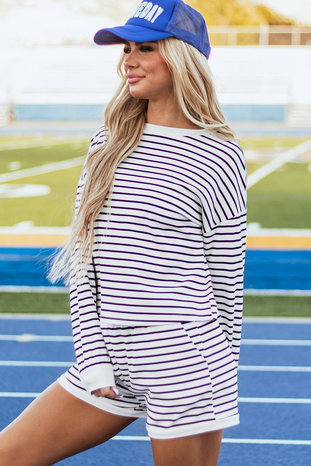 Black Striped Textured 3/4 Sleeve Top and Shorts Set