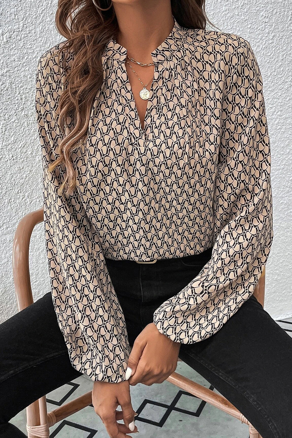 Blouse kaki à imprimé géométrique et col cranté à manches bouffantes