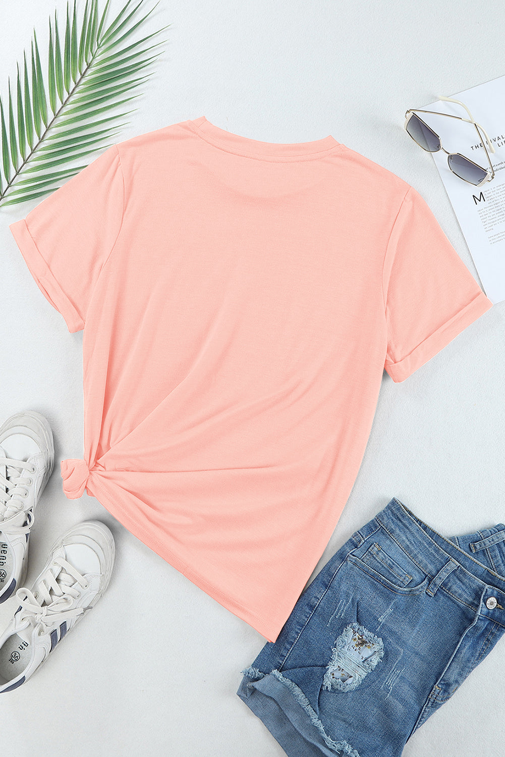 Camiseta rosa casual de color redondo