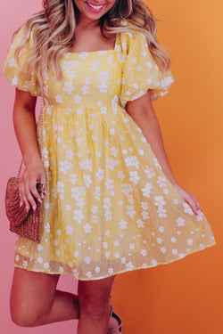 Yellow bohemian floral jacquard square neck puff sleeve mini dress