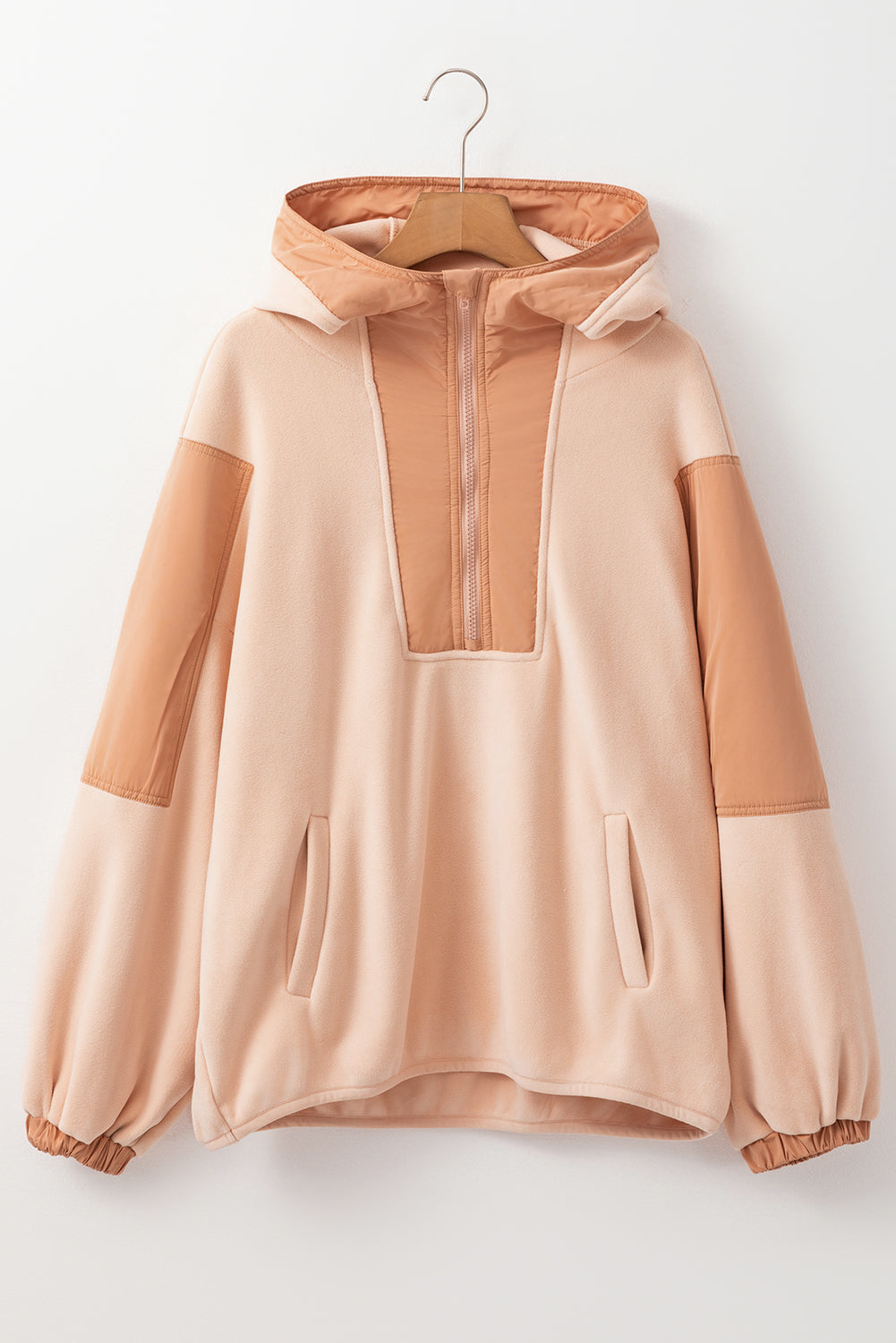 Sweat à capuche Sherpa surdimensionné à demi-zip et patchwork beige clair français