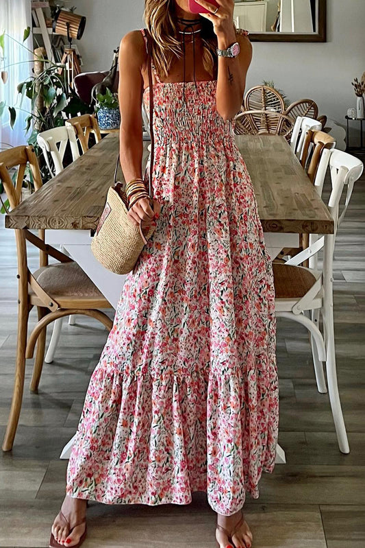 White Boho Floral Smoked Maxi Dress