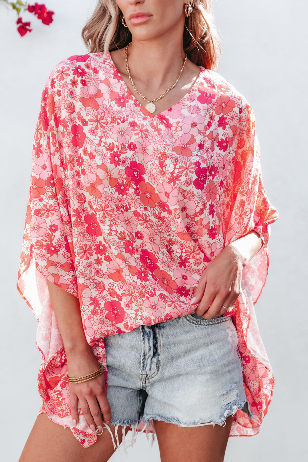 Chemisier de style kimono floral Boho Pink Boho