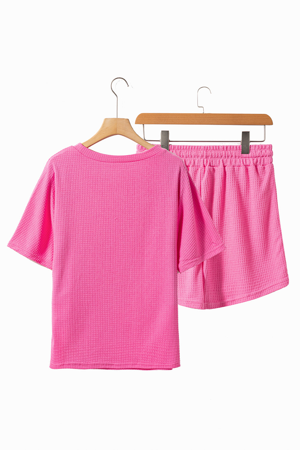 Casual Rose Red Textured T-Shirt and Drawstring Shorts Set