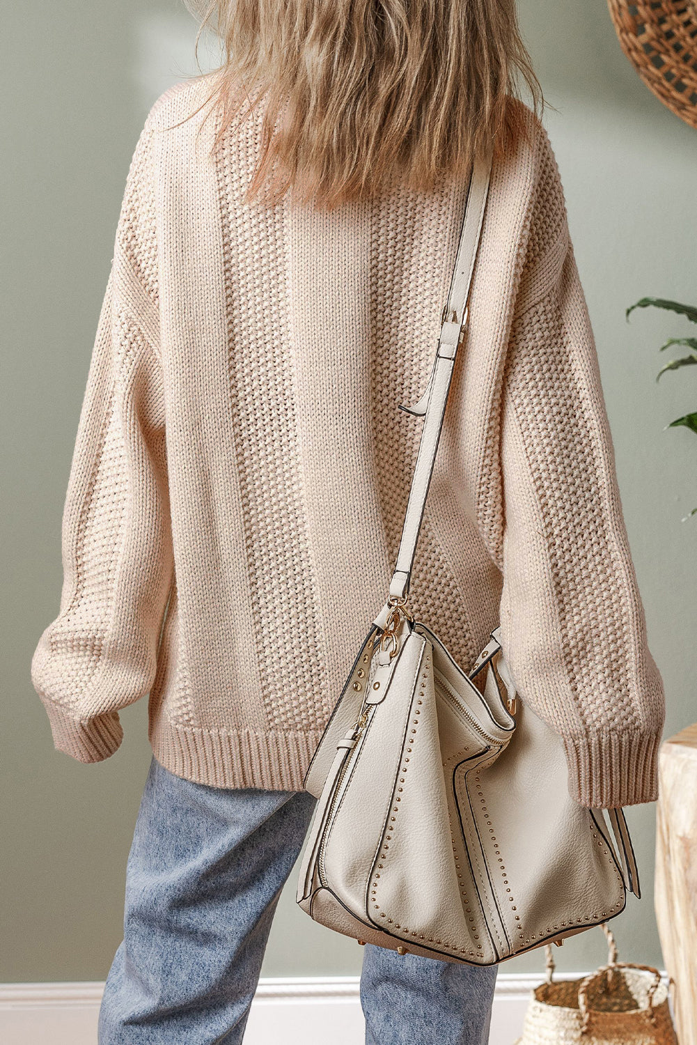 Solid Color Pale Khaki Cable Knit Ribbed Loose Sweater