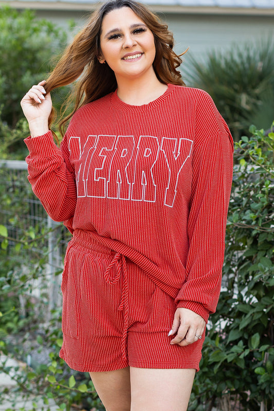 MERRY Red Running Set in Ribbed Knit with Long Sleeves and Lace-up Waist, Plus Size