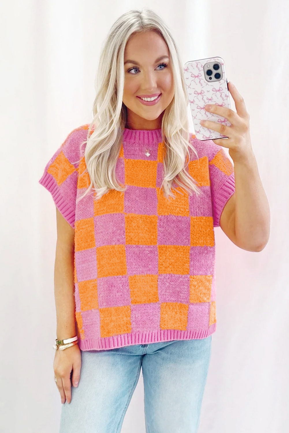 Erdbeer -Pink -Farbblöcke Plaid Muster Rippes Trimmpullover Tanktop