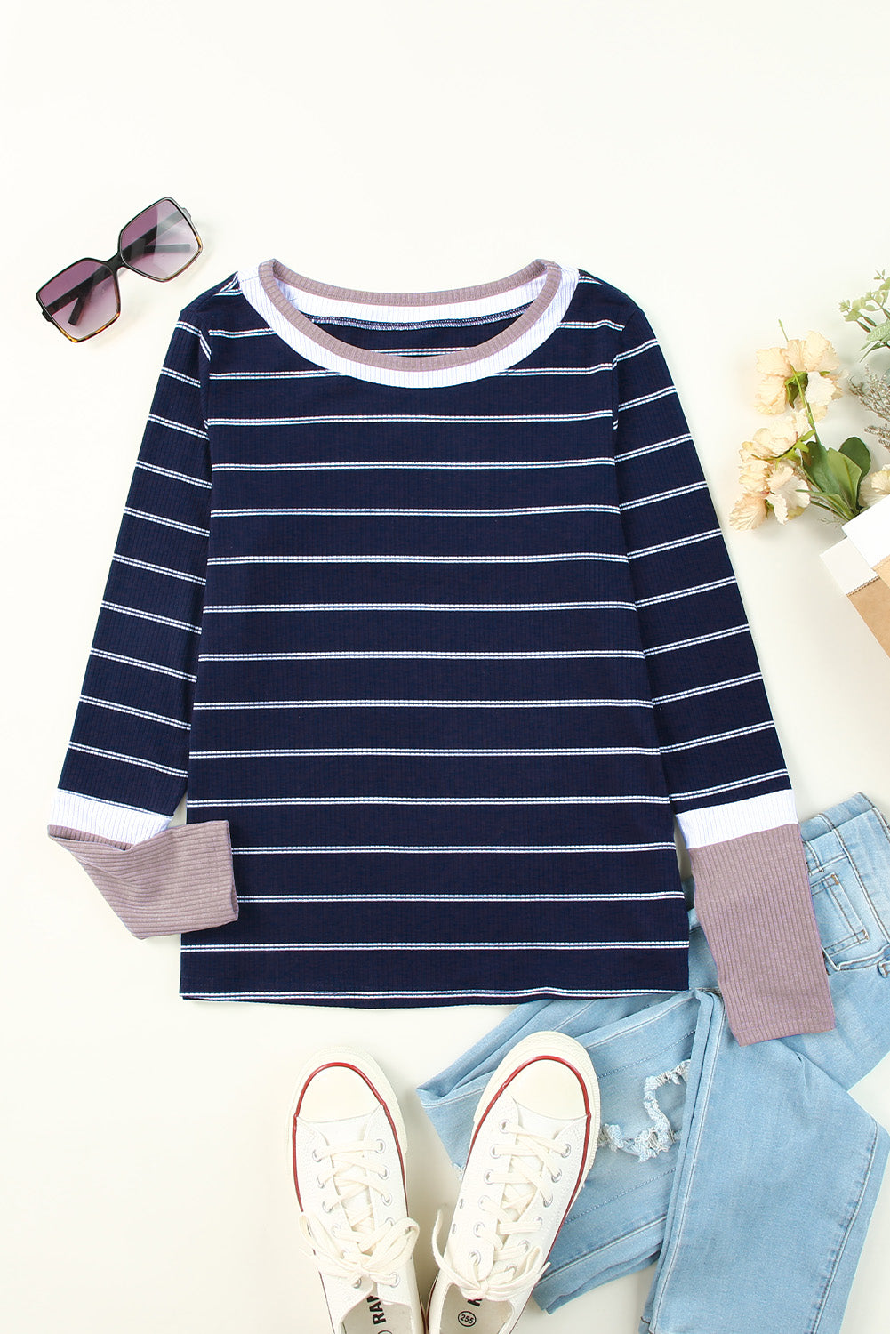 Blue Extend Color Block Cuffs Rib Trizt Striped Pullover