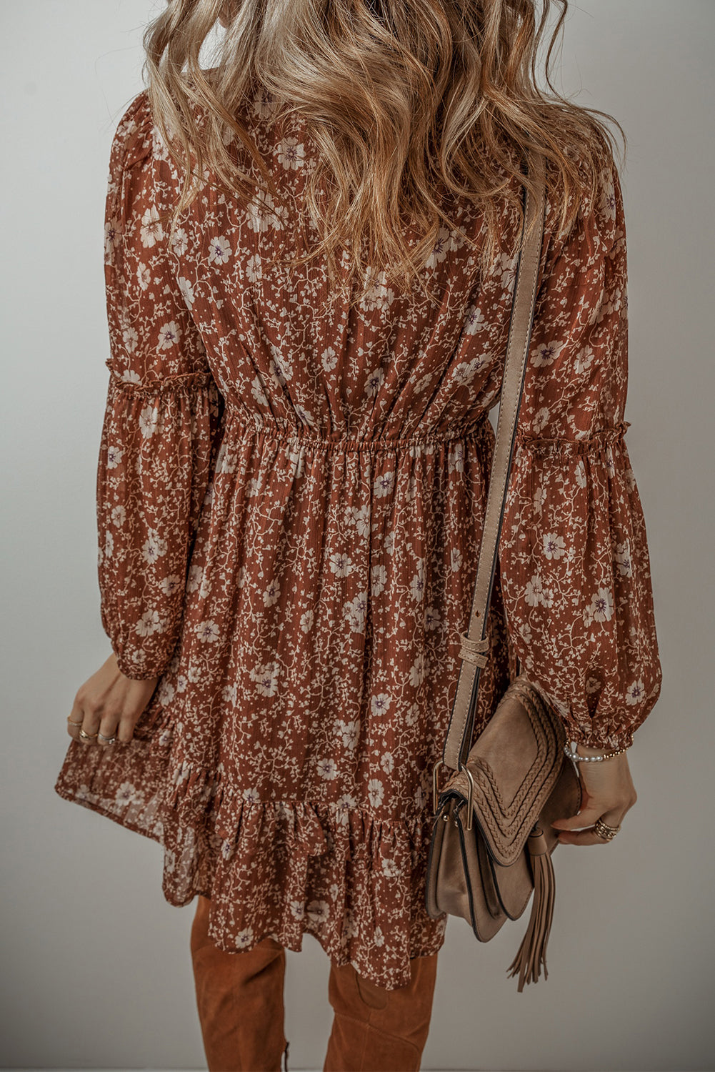 Brown V-Neck Ruffle Puff Sleeve Floral Boho Mini Dress