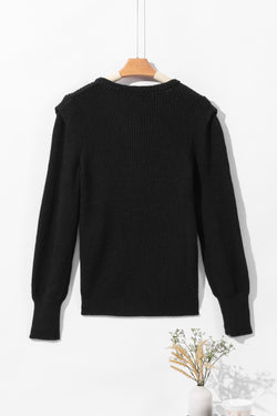 Black knitted sweater with puff sleeves and braided notched V-neckline