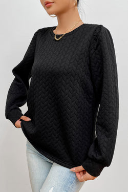 Black Textured Puff Sleeve Twist Sweatshirt