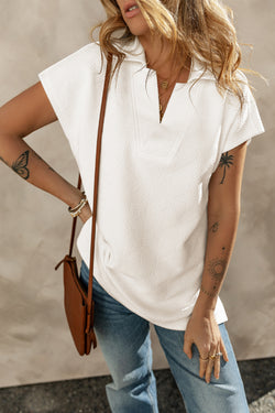 White textured high with short sleeves and V -neck