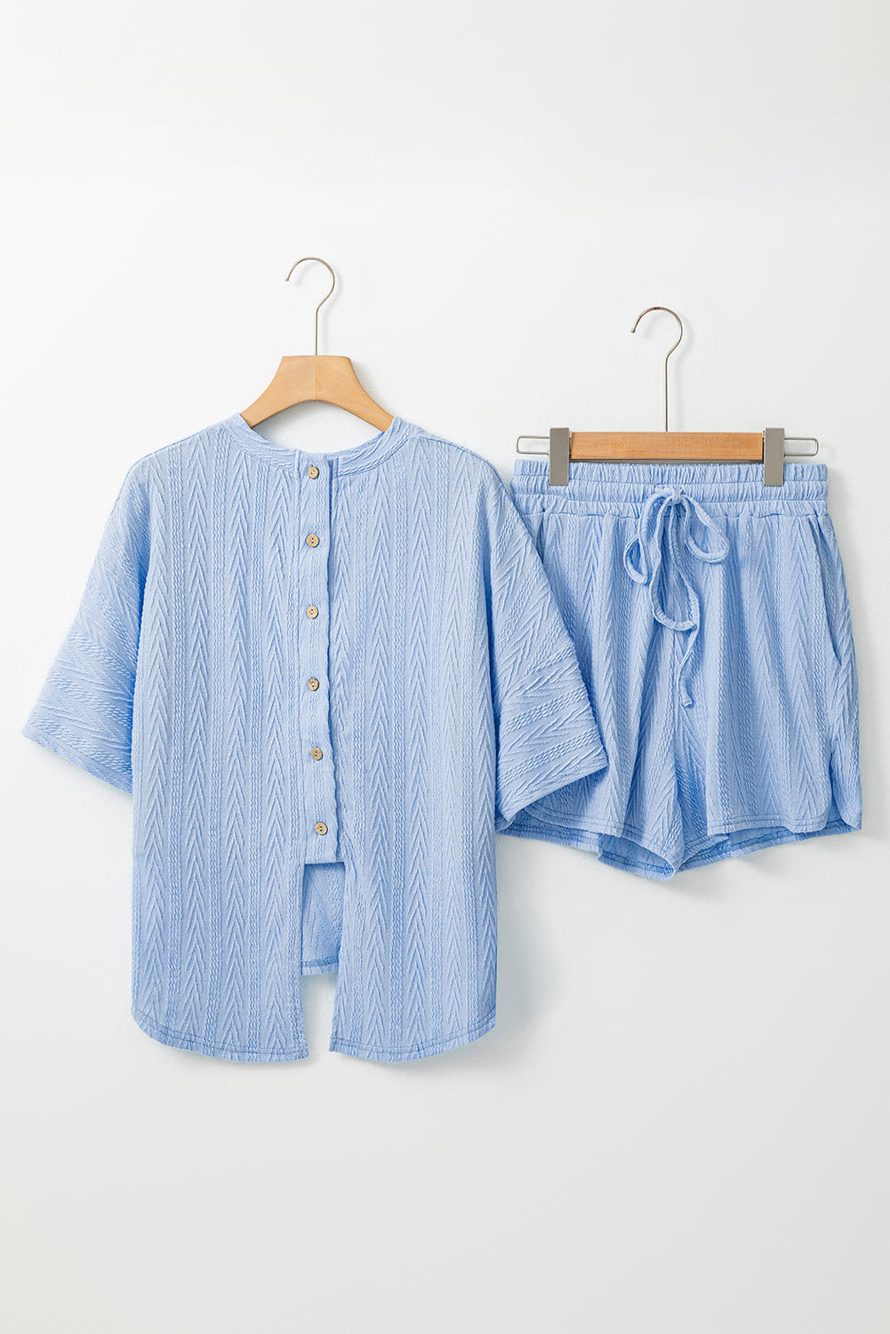 Beau Blue strukturierte geknöpfte T -Shorts -Shorts Set