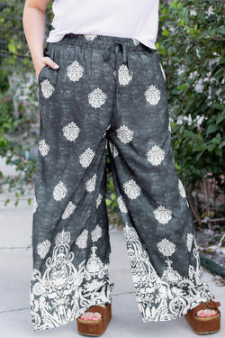 Pantalon large à cordon de serrage à imprimé ethnique géométrique de grande taille noir