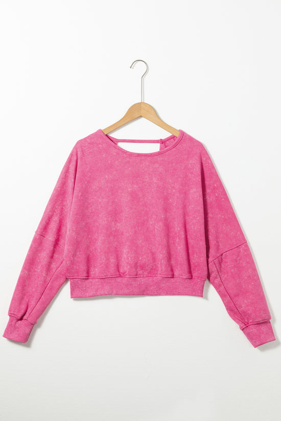 Pink Acid Wash Open Back V-Neck Sweatshirt