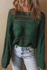 Pull court en tricot torsadé ajouré vert noirâtre